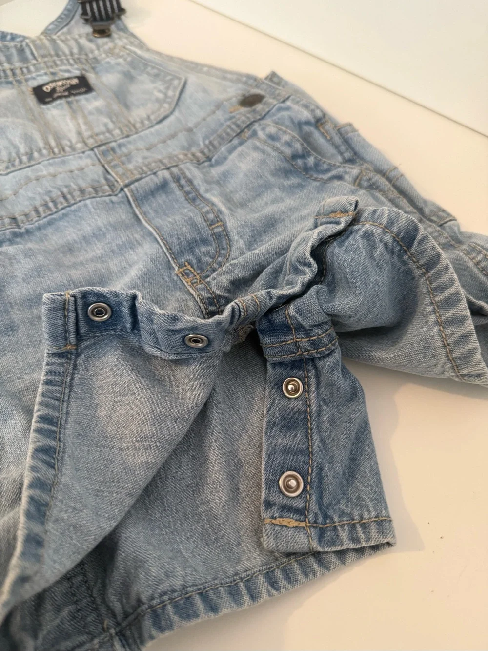 OshKosh B'gosh Light Blue Denim Short Overalls with Striped Straps